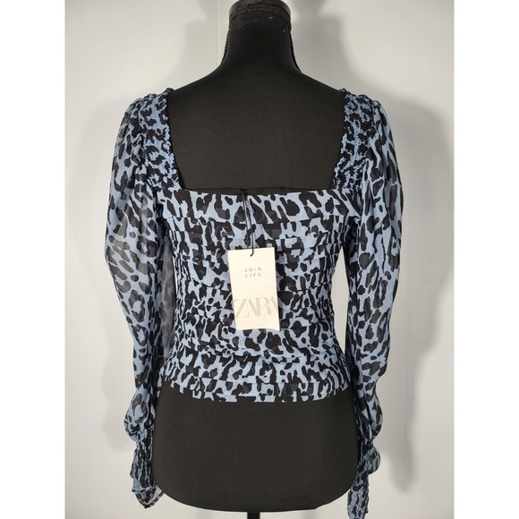 Zara Women's Blue Animal Print Balloon Long Sleeve Pleated Crop - Picture 7 of 10